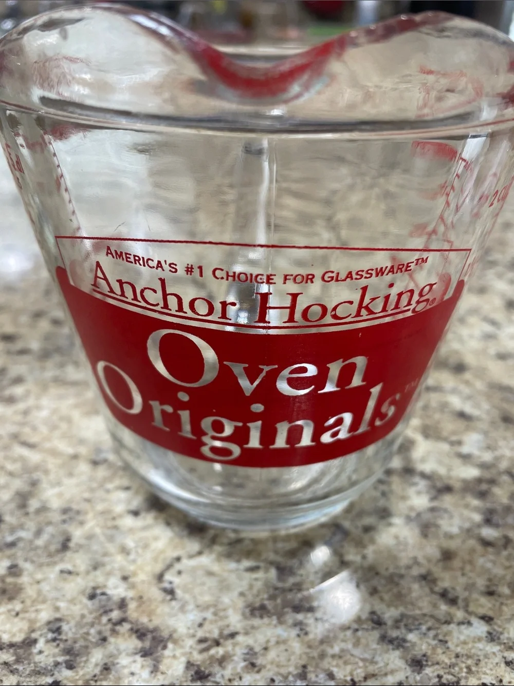 Anchor Hocking Oven Originals 498 RED Lettering 2 Cup Clear Glass Measuring Cup.